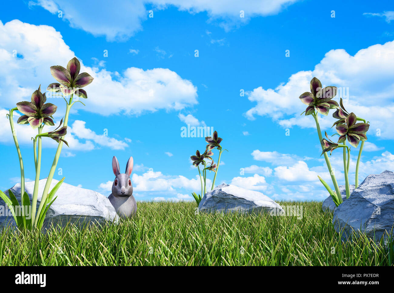 Erba verde prato con fiori selvaggi e lepre con cloud cielo blu, rendering 3D Foto Stock