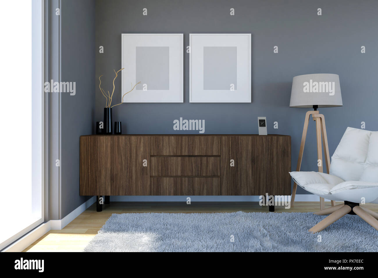 Il modo di vivere moderno sala interna con muro grigio e bianco cornici fotografiche, rendering 3D Foto Stock