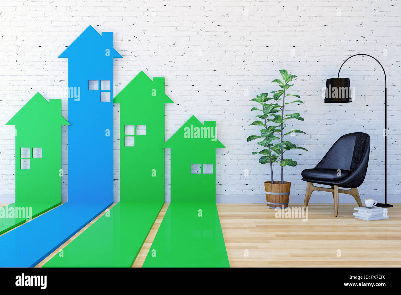 3D Casa-freccia a forma di grafico a barre andare verso l'alto nel soggiorno indicizzazione di andamento del mercato immobiliare e il valore, rendering 3D Foto Stock