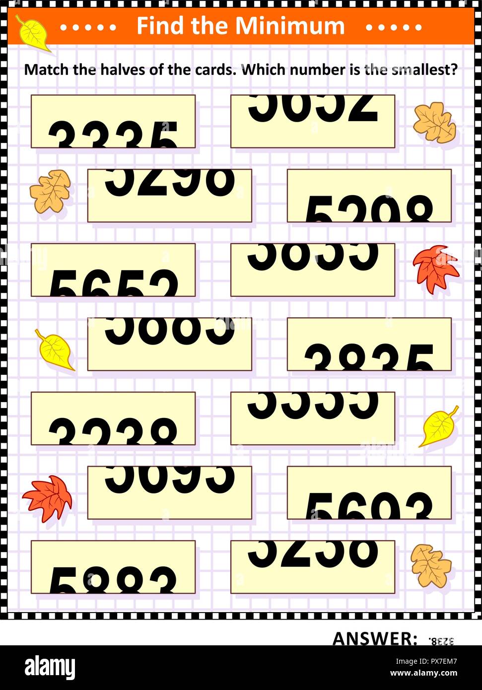 Math visual puzzle: trovare il minimo. Corrisponde alla metà delle carte. Quale numero è il più piccolo? Risposta inclusa. Illustrazione Vettoriale