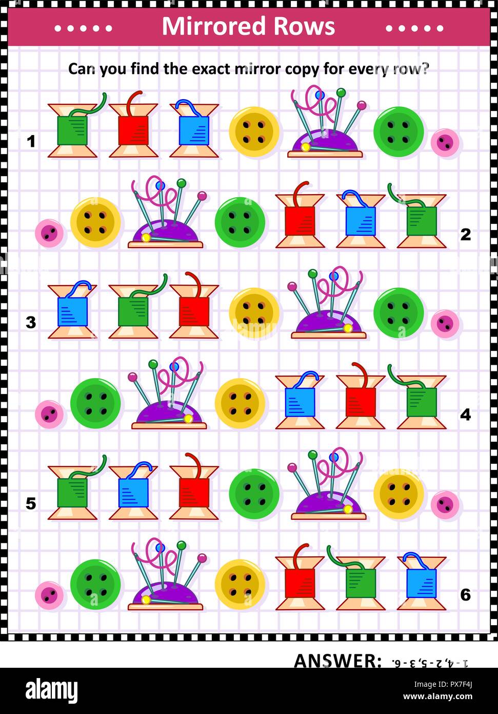 Formazione IQ visual puzzle colorato con steli di cucitura, pulsanti, perni e pincushions: corrispondono le coppie - trovare l'esatta copia mirror per ogni riga. Illustrazione Vettoriale