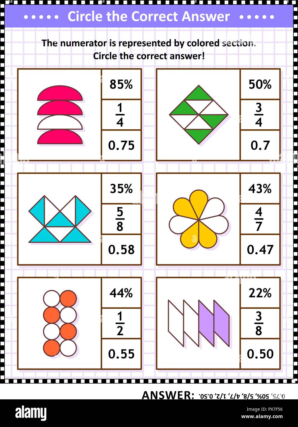 Le competenze matematiche formazione visual puzzle. Cerchiare la risposta corretta. Trovare il numero equivalente per ciascuna frazione pittorica di rappresentanza. Risposta inclusa. Illustrazione Vettoriale