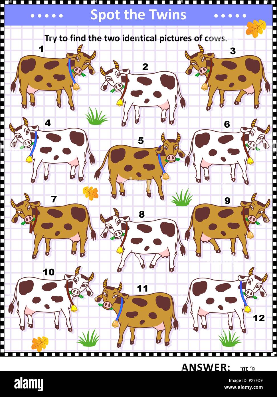 Visual logic puzzle con macchiato di vacche da latte: puoi trovare le due immagini identiche? Risposta inclusa. Illustrazione Vettoriale