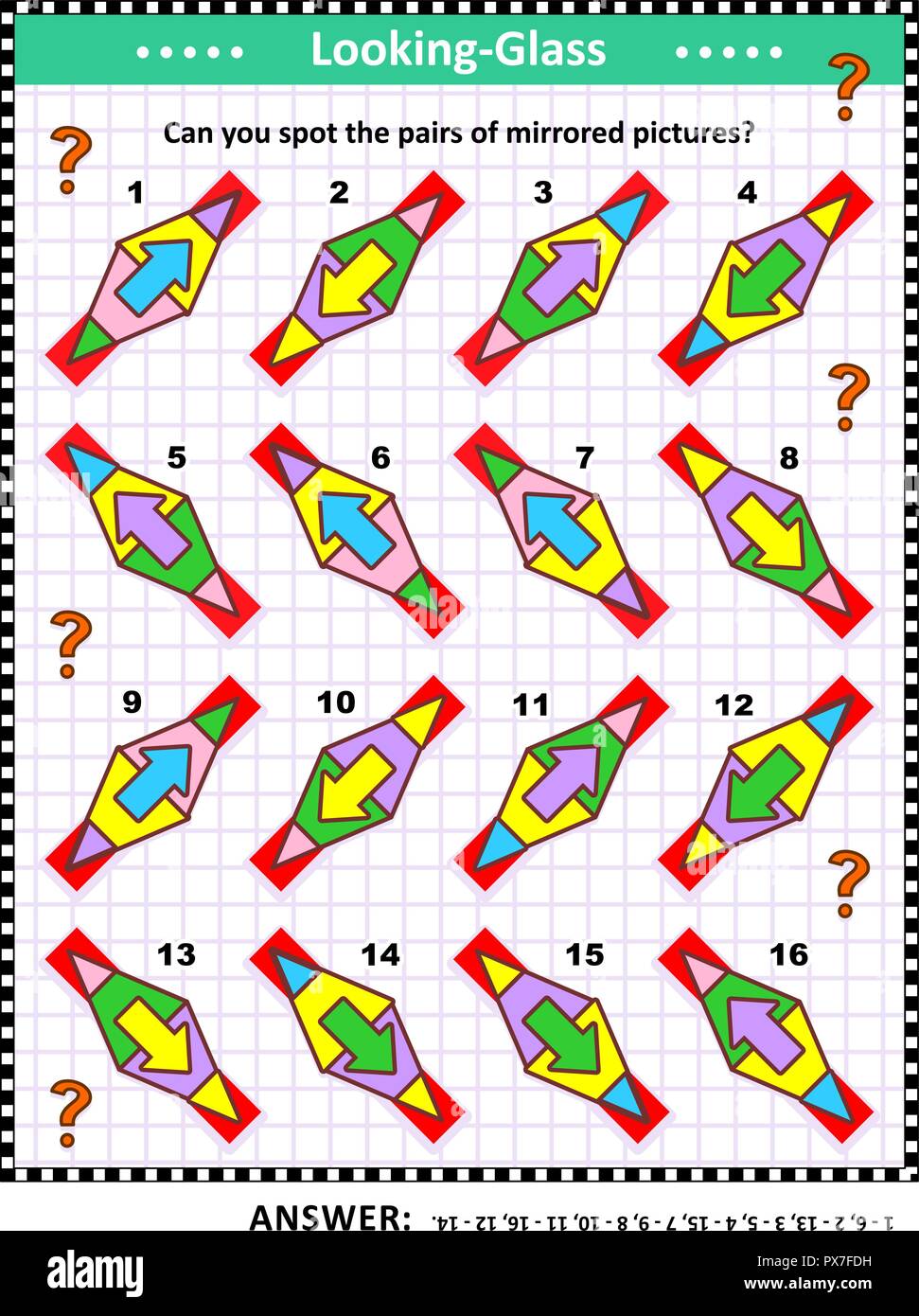 IQ, la memoria e le abilità spaziali di formazione astratta visual puzzle: sei in grado di distinguere le coppie di immagini con mirroring? Risposta inclusa. Illustrazione Vettoriale