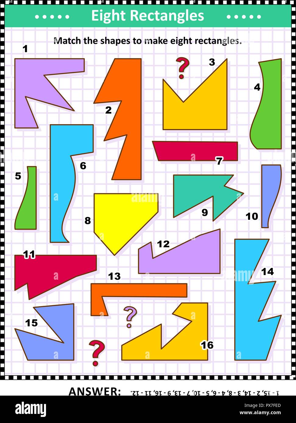 IQ e spaziale delle competenze matematiche di formazione visual puzzle: corrispondono le forme per rendere otto rettangoli. Risposta inclusa. Illustrazione Vettoriale