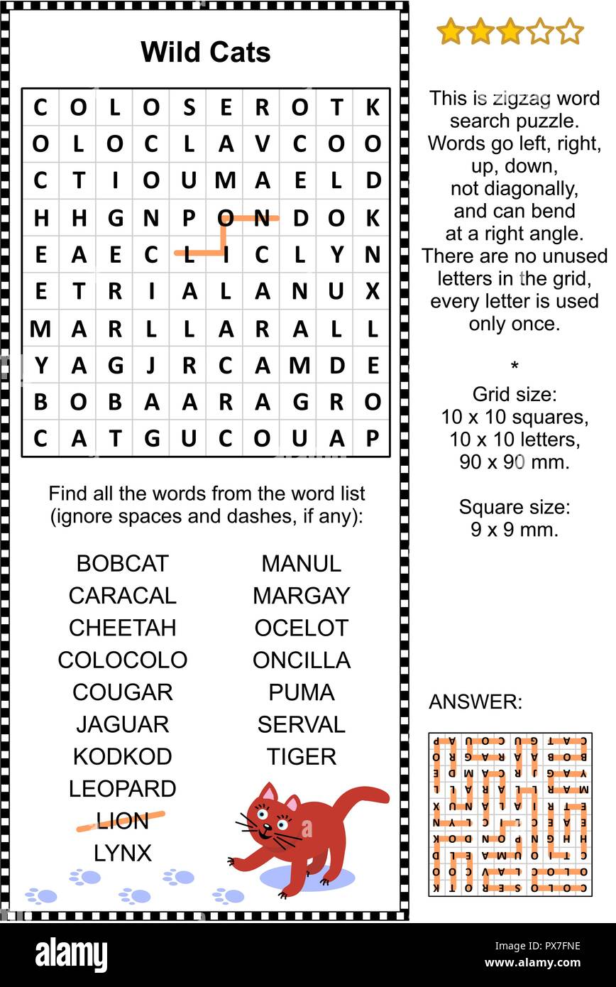 Gatti selvatici a zig-zag a tema puzzle di ricerca di parola (adatta sia per bambini che per adulti). Risposta inclusa. Illustrazione Vettoriale