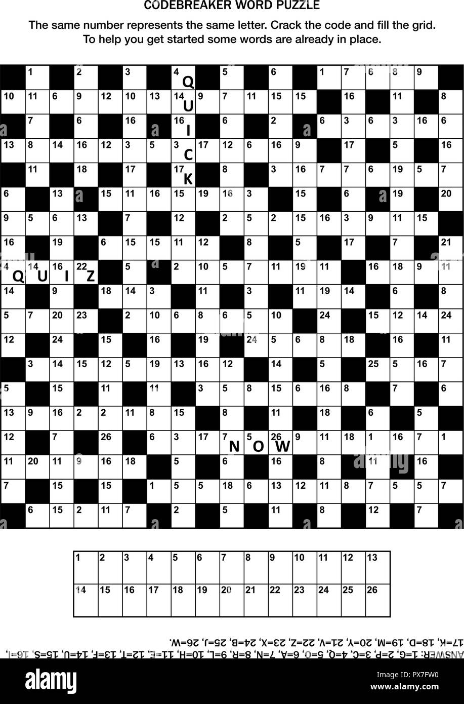 Pagina di puzzle con codebreaker (parola chiave, codice cracker) gioco di parole o cruciverba Illustrazione Vettoriale