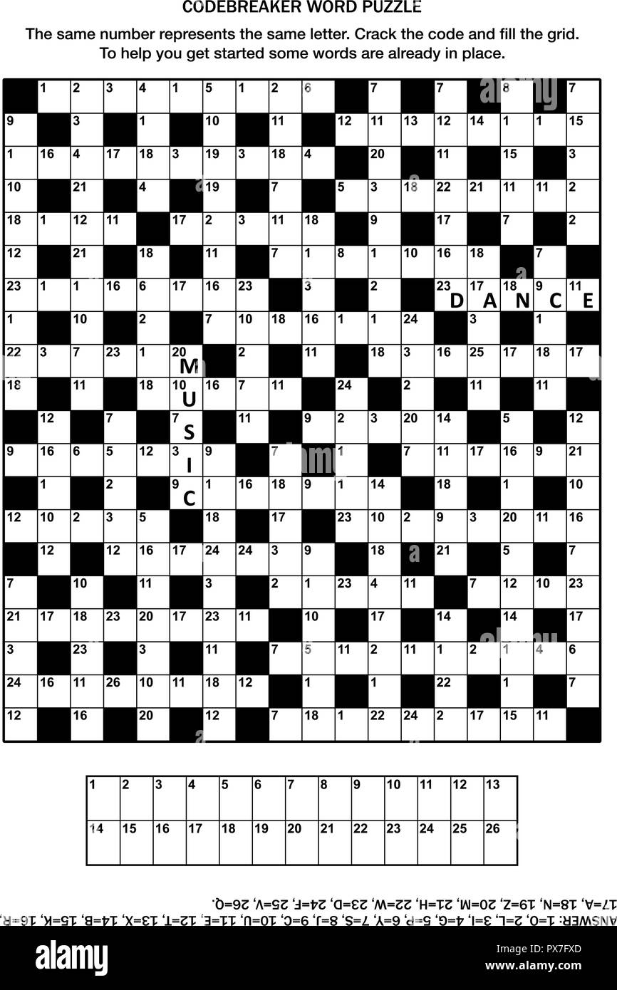 Pagina di puzzle con codebreaker (parola chiave, codice cracker) gioco di parole o cruciverba Illustrazione Vettoriale