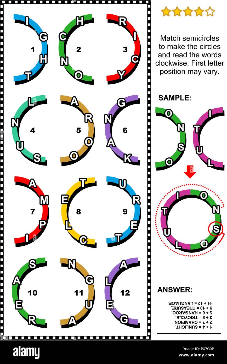 IQ astratto di formazione visual parola puzzle o gioco di parole (lingua inglese): corrispondenza semicirconferenze con lettere per fare i cerchi e leggere le parole. Illustrazione Vettoriale