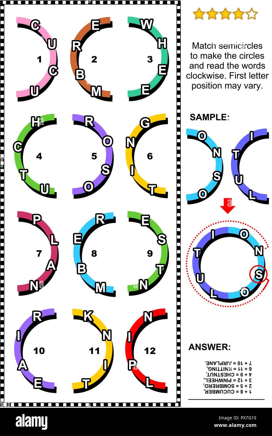 IQ astratto di formazione visual parola puzzle o gioco di parole (lingua inglese): corrispondenza semicirconferenze con lettere per fare i cerchi e leggere le parole. Illustrazione Vettoriale