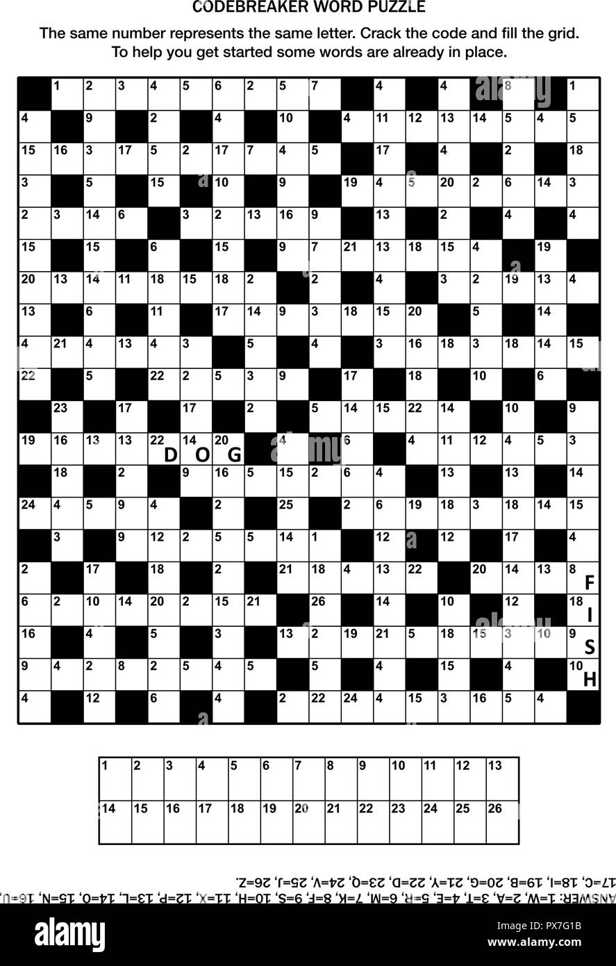 Pagina di puzzle con codebreaker (parola chiave, codice cracker) gioco di parole o cruciverba Illustrazione Vettoriale