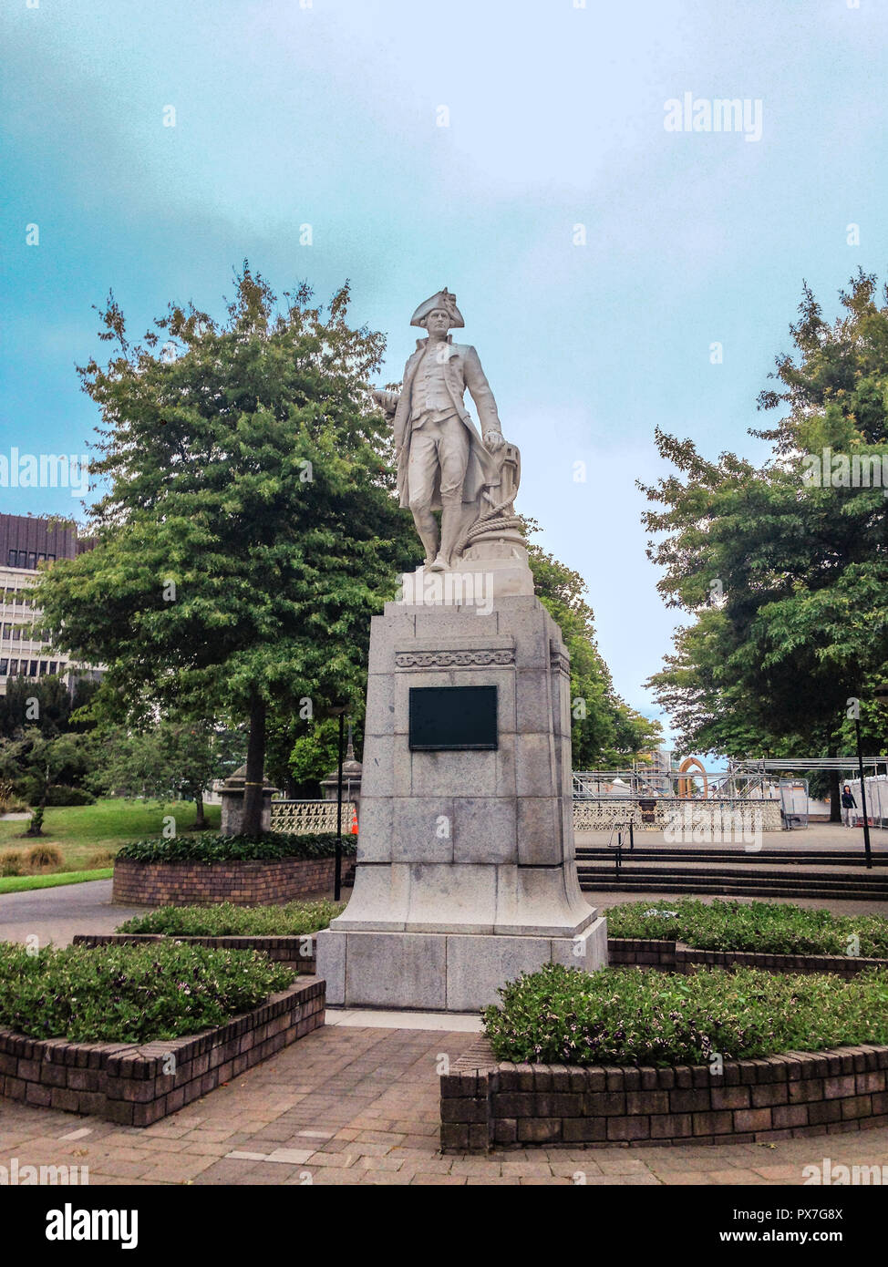 James Cook statua, Christchurch, Isola del Sud, Nuova Zelanda Foto Stock
