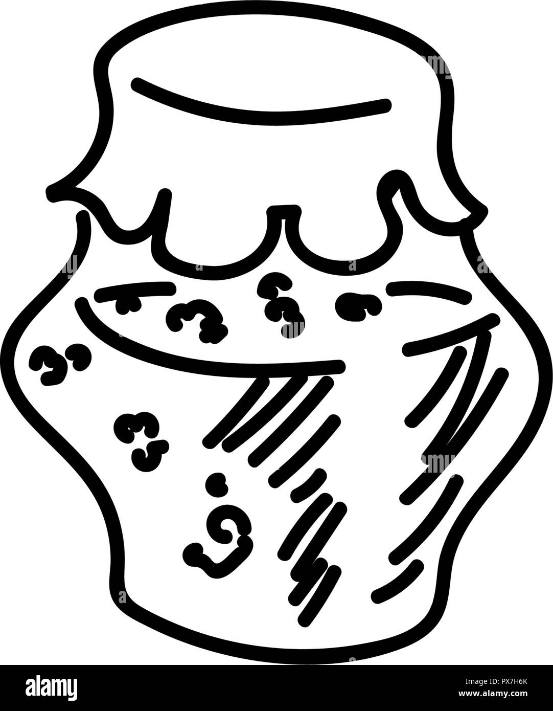 Il vasetto di vetro di marmellata di fragole e frutti di bosco freschi vicino isolati su sfondo bianco. Conserve di frutta semplice schizzo stile pen. piatto simbolo iconico Illustrazione Vettoriale