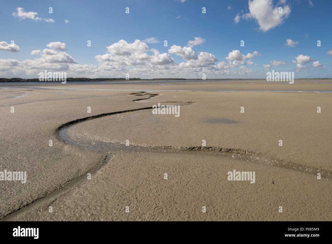 Piccolo fiume che scorre sulla spiaggia in mare, la baia della Somme, Piccardia, Francia Foto Stock