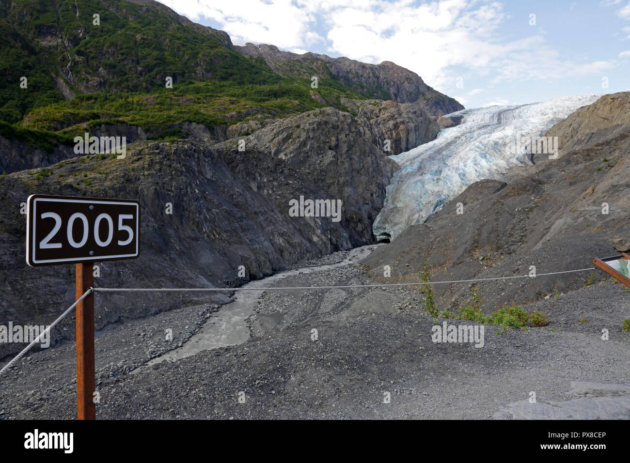 Exit Glacier mostra il ritiro dal 2005 vicino a Seward Alaska Foto Stock
