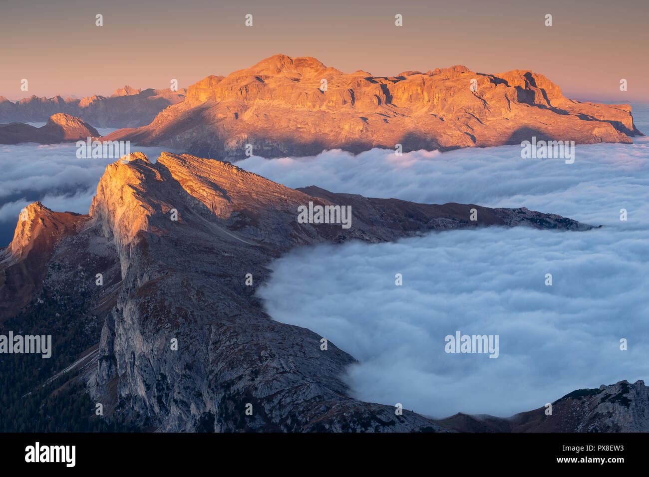 Alpenglow all'alba sul gruppo montuoso del Sella e sulle vette del Settsass. Marea di nuvole. Le Dolomiti. Alpi Italiane. Europa. Foto Stock