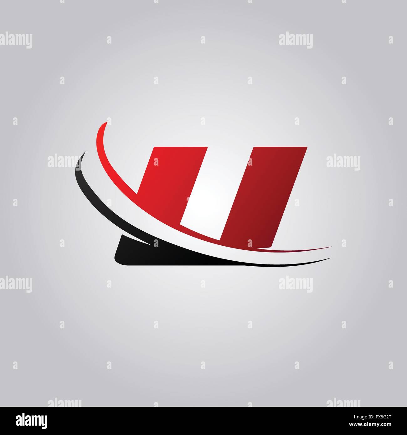 Iniziale lettera U con logo Swoosh colorata in rosso e nero Illustrazione Vettoriale