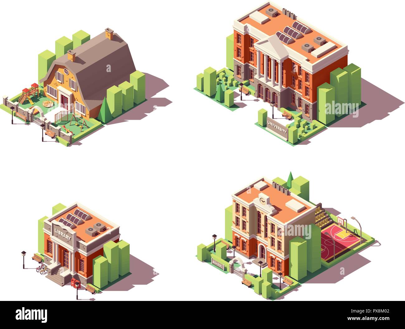 Vector isometrica edifici educativo impostato Illustrazione Vettoriale