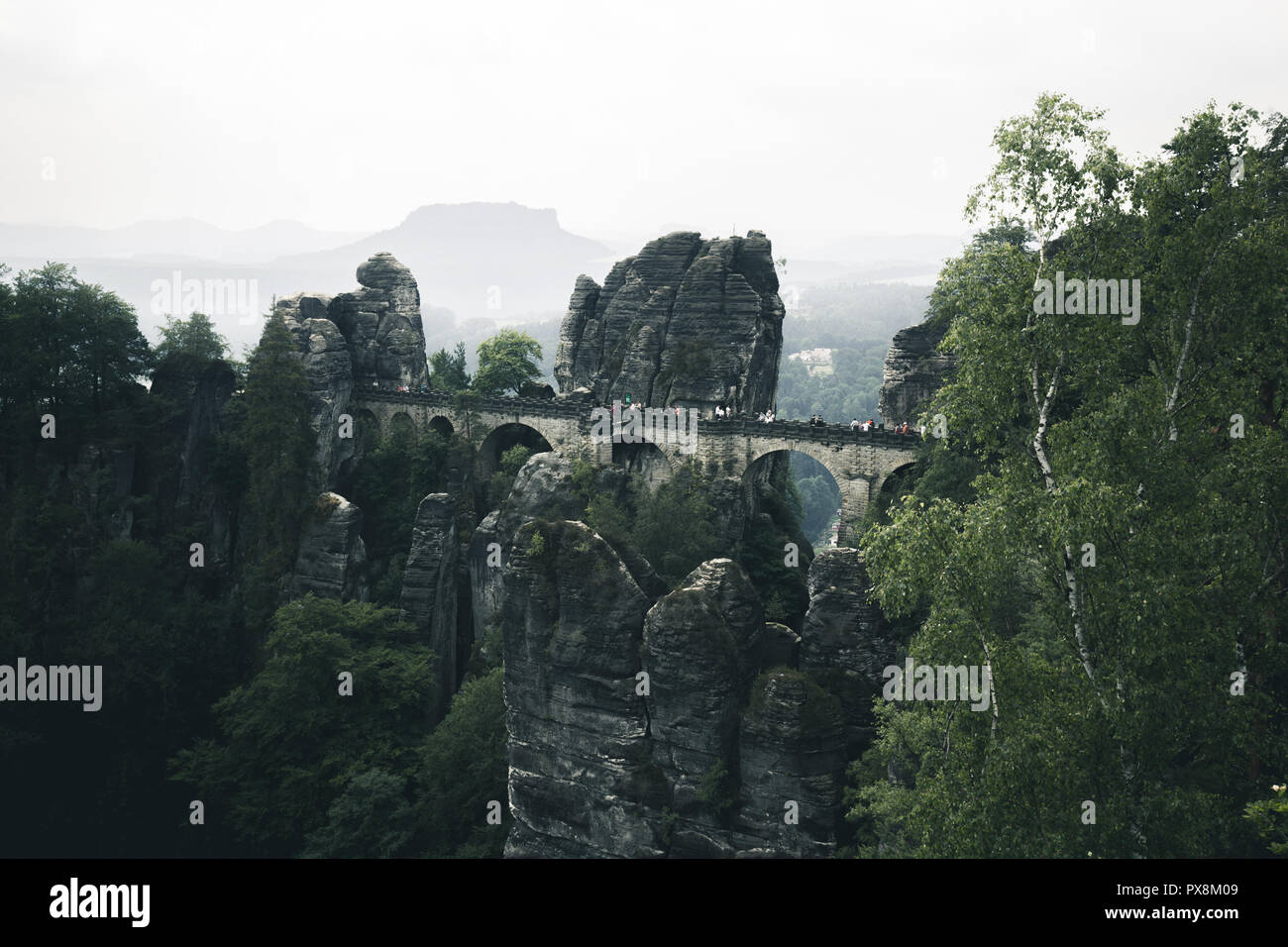 Bella vista panoramica del famoso Ponte di Bastei con Elba montagne di arenaria nella Svizzera sassone National Park in un giorno di moody, Bassa Sassonia, Germania Foto Stock