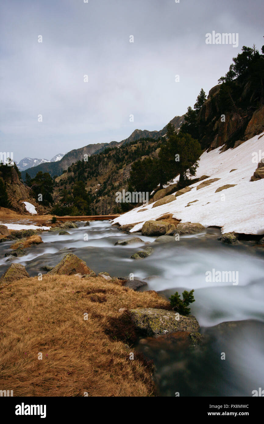 Flusso. Aiguestortes Parco Nazionale. Pirenei, Spagna Foto Stock