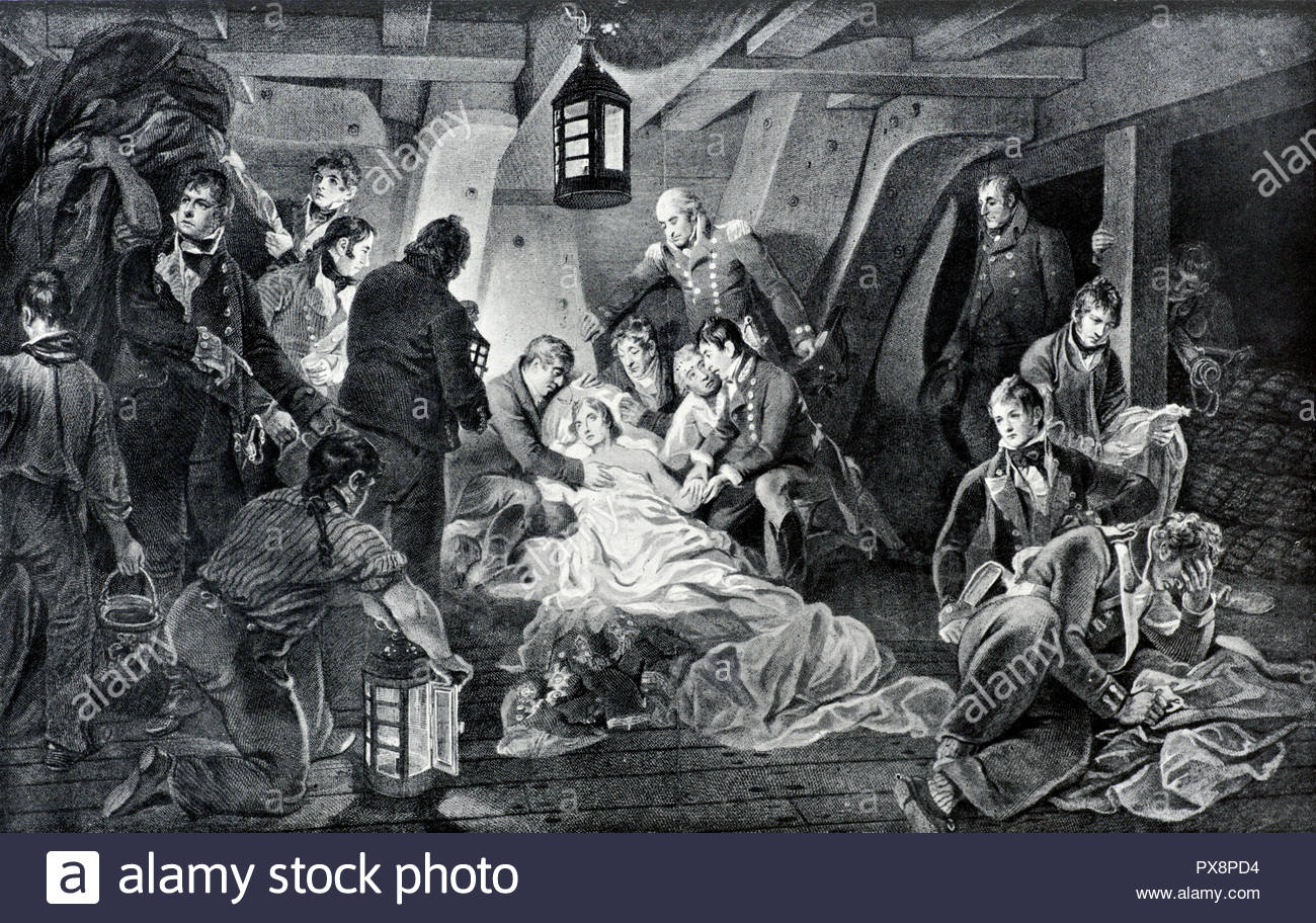 La morte di Nelson nella battaglia di Trafalgar nel 1805, illustrazione dal 1922 Foto Stock