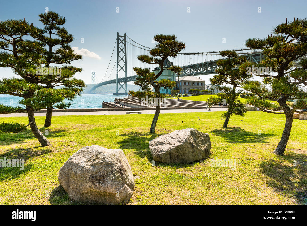 Akashi Kaikyo bridge, Hyogo, Giappone. La più lunga del mondo ponte di sospensione come di 2018 Foto Stock