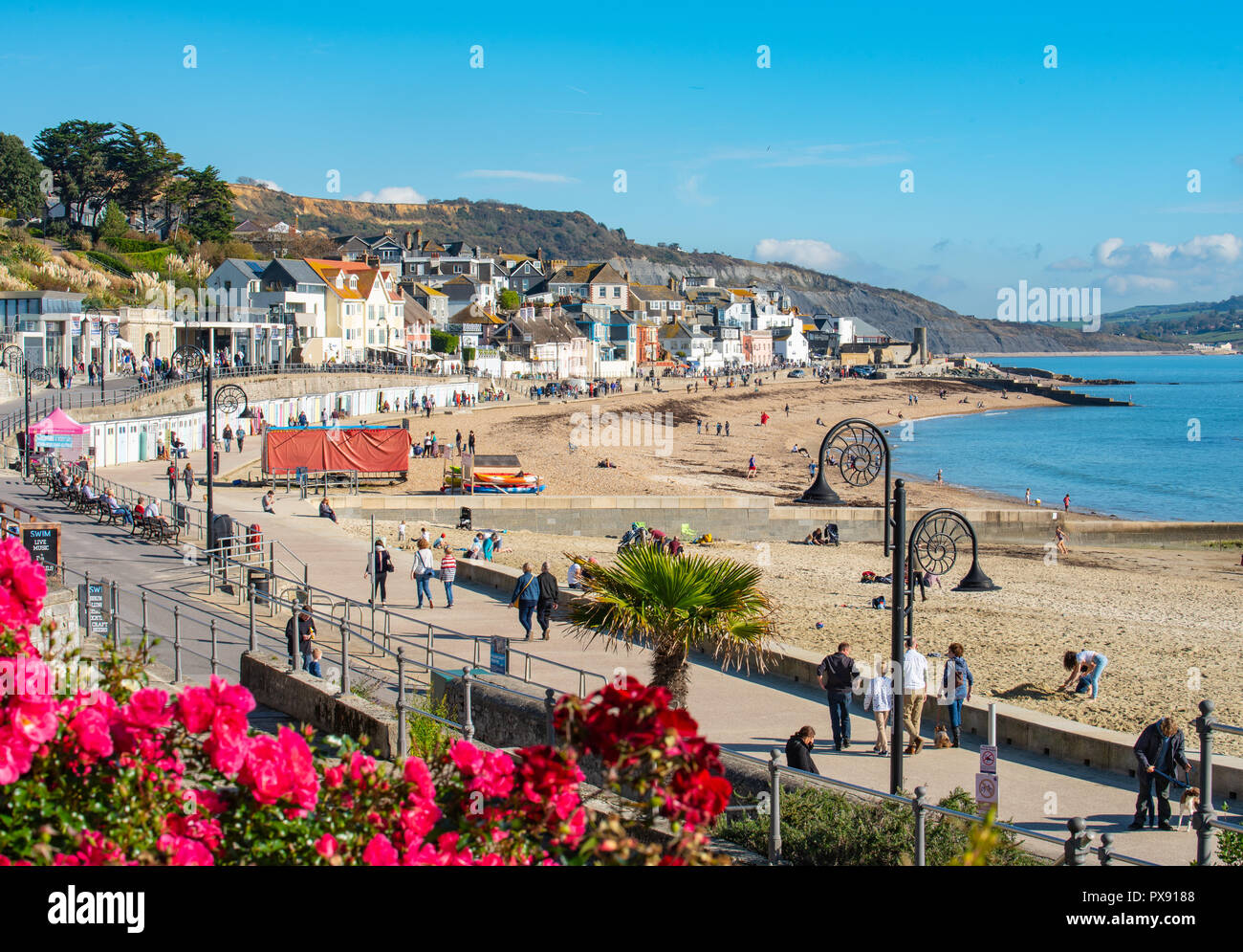 Lyme Regis, Dorset, Regno Unito. Xx Ottobre 2018. Regno Unito Meteo: i visitatori locali e godere di mite il sole caldo e il cielo limpido a Lyme Regis come il mese di ottobre a metà termine rottura ottiene in corso. Credito: Celia McMahon/Alamy Live News Foto Stock