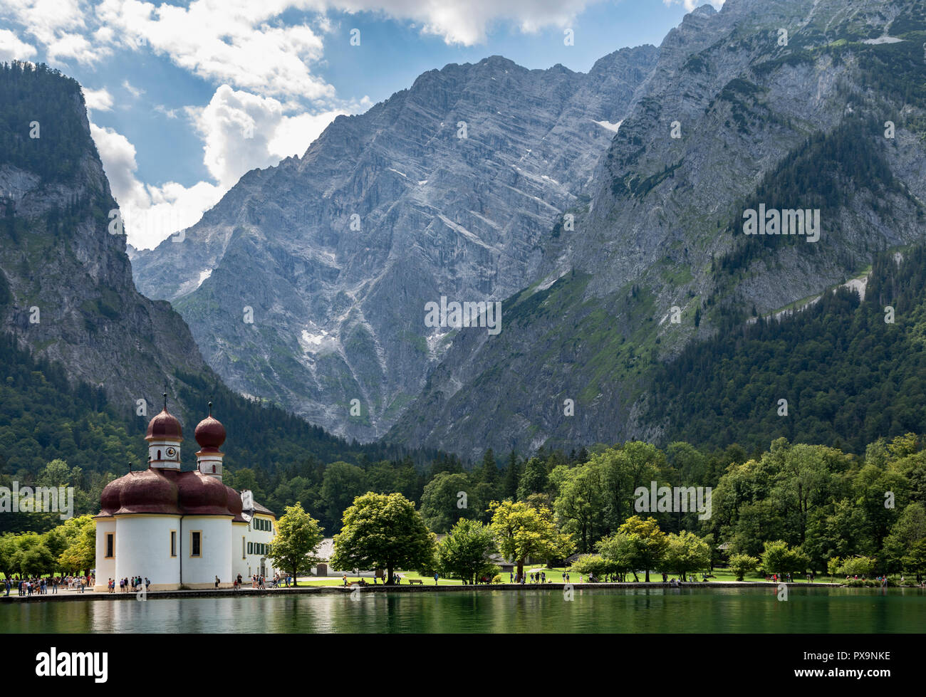 San Bartolomeo è la Chiesa, Königssee, Parco Nazionale di Berchtesgaden, Baviera, Germania Foto Stock