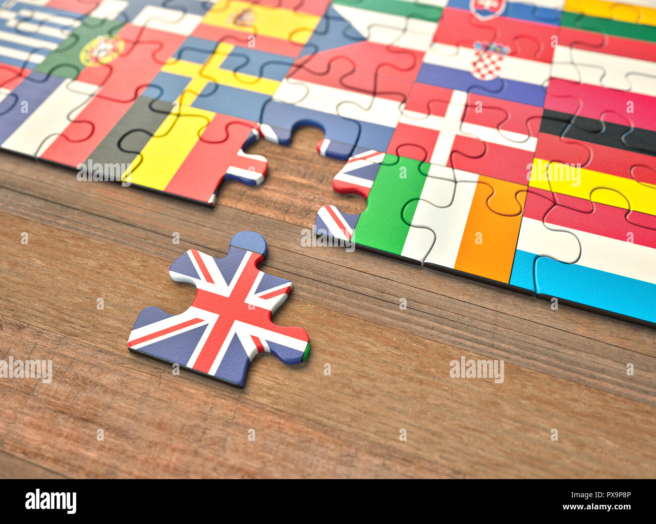 Regno Unito lasciando l'Unione Europea rappresentata in pezzi di un puzzle. Foto Stock