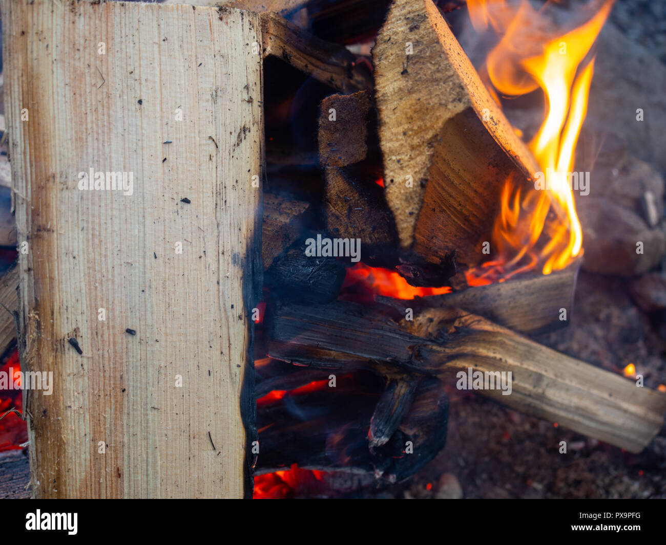 La combustione di legna sul fuoco all'aperto Foto Stock