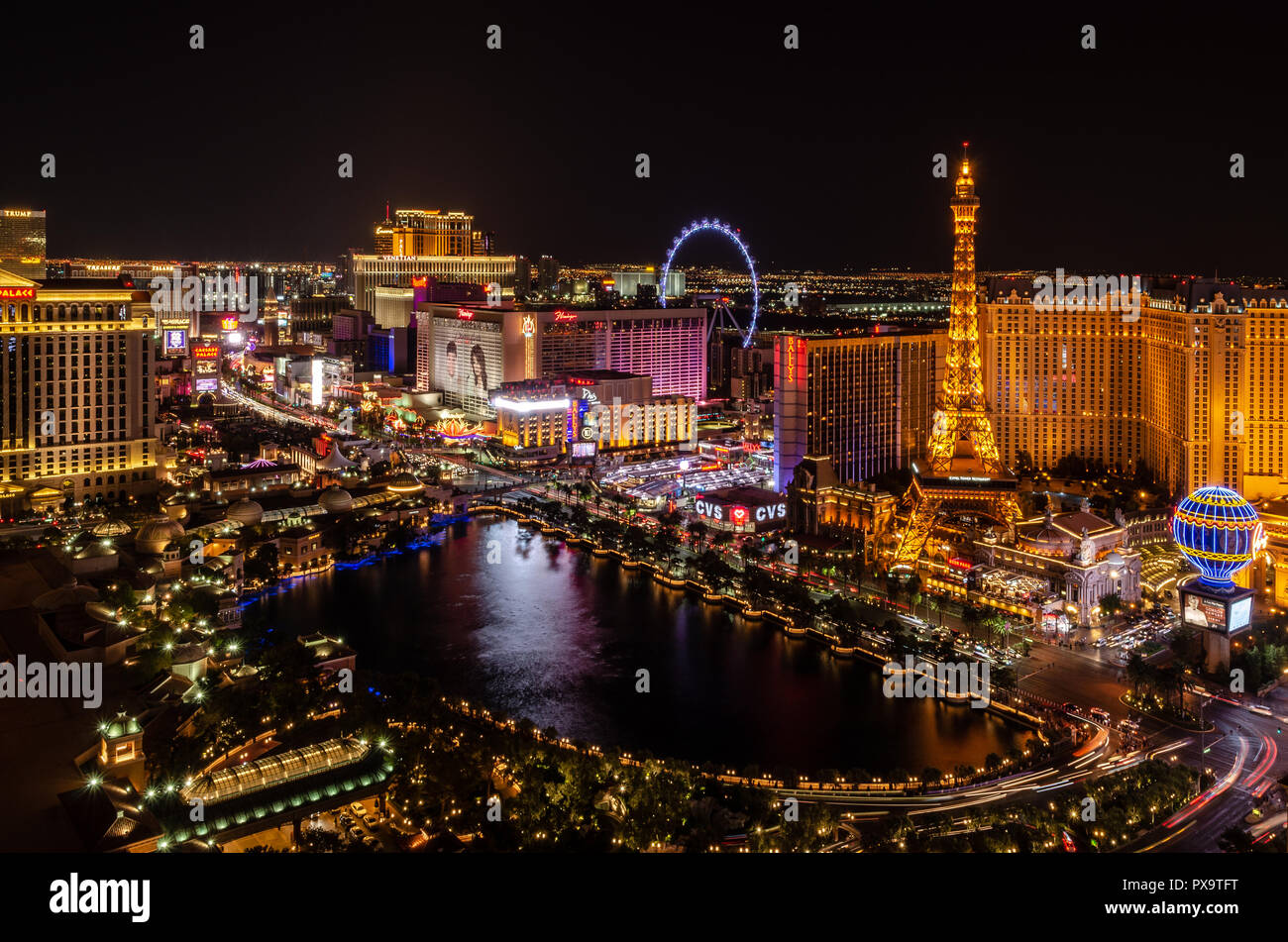 Una lunga esposizione del Lago Bellagio a Las Vegas Foto Stock