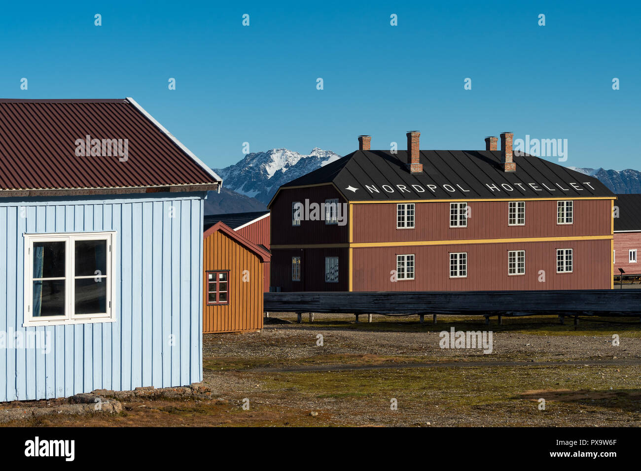 Polo Nord Hotel, ricerca di insediamento a Ny Ålesund, isola Spitsbergen, Spitsbergen arcipelago Svalbard e Jan Mayen, Norvegia Foto Stock