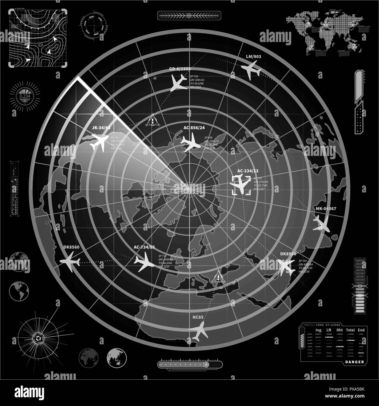 White radar militari con display con piani di tracce e segno di destinazione sul buio Illustrazione Vettoriale