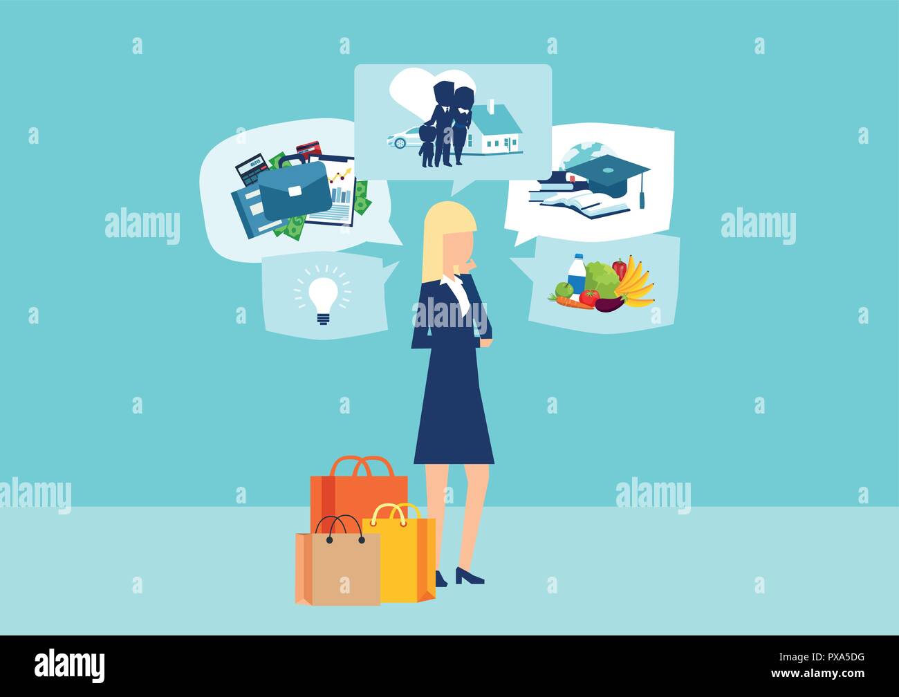 Vector donna con le borse della spesa a sognare di vita futura e di spendere soldi su sfondo blu Illustrazione Vettoriale