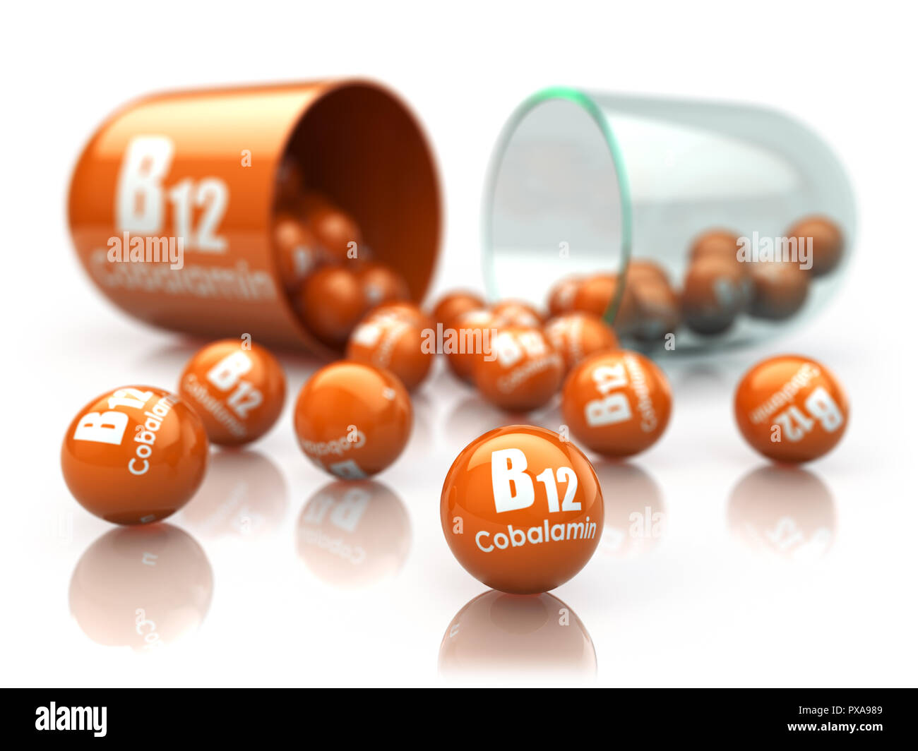 Vitamina B12 isoilated capsule su bianco. Pillola con la cobalamina. Integratori alimentari. 3d illustrazione Foto Stock
