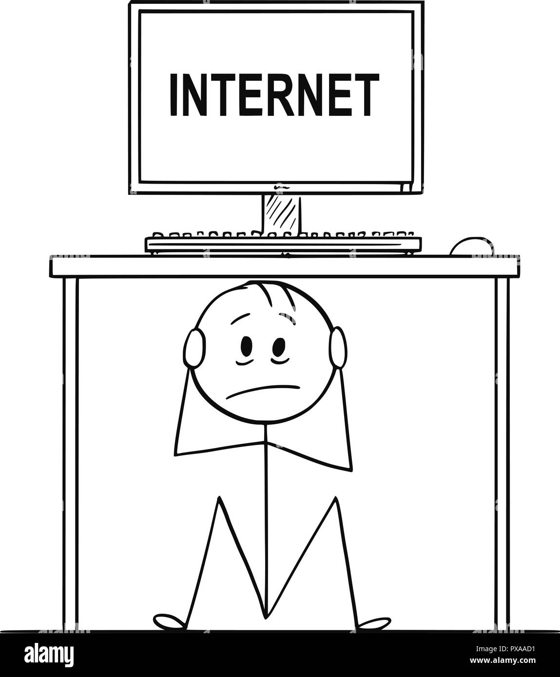 Cartoon di uomo o imprenditore seduto nascosto sotto la scrivania con computer e Internet il testo Illustrazione Vettoriale