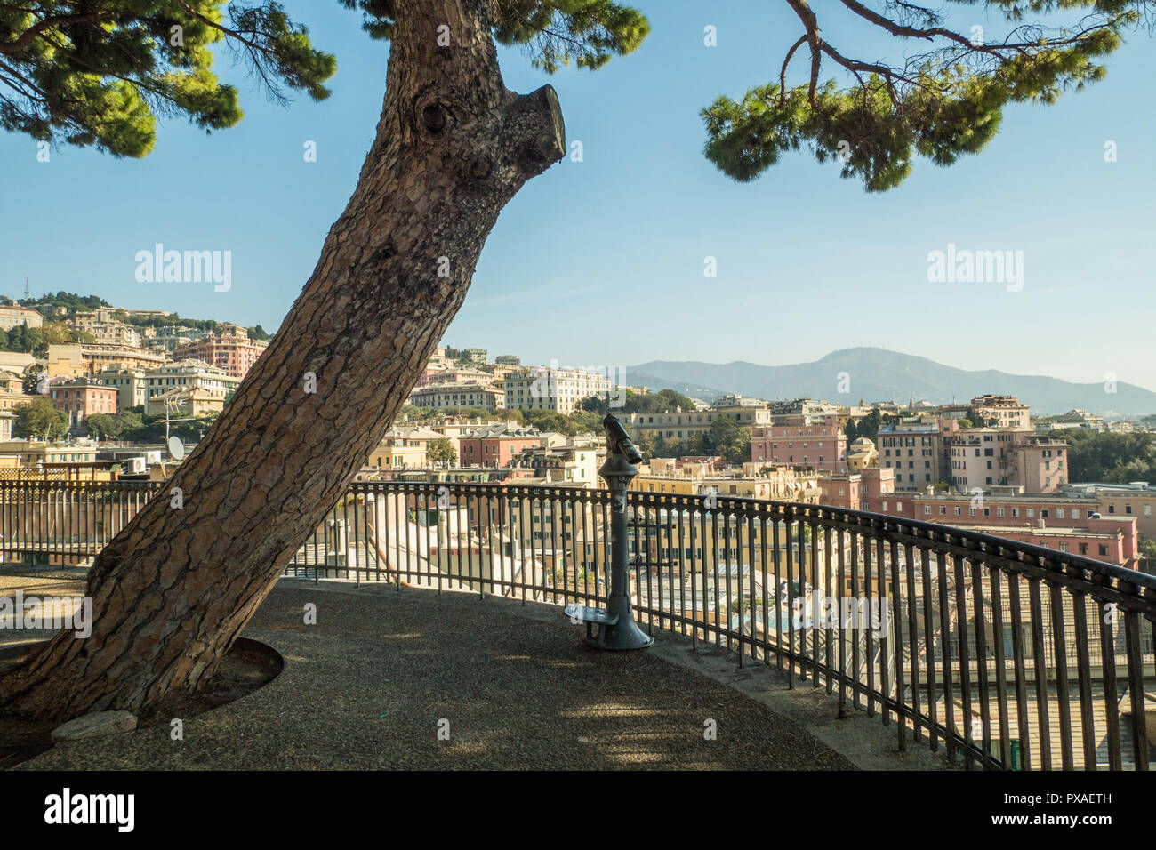 Genova, una città portuale nella regione Liguria. Come si vede dal punto di vista Spianata Castelletto. Un 'balcone con vista di 180 gradi. Foto Stock