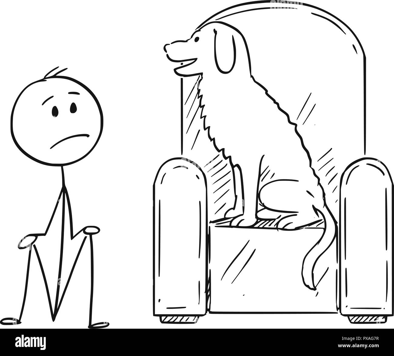 Cartoon di uomo seduto a terra a causa di un cane è che occupa la poltrona Illustrazione Vettoriale