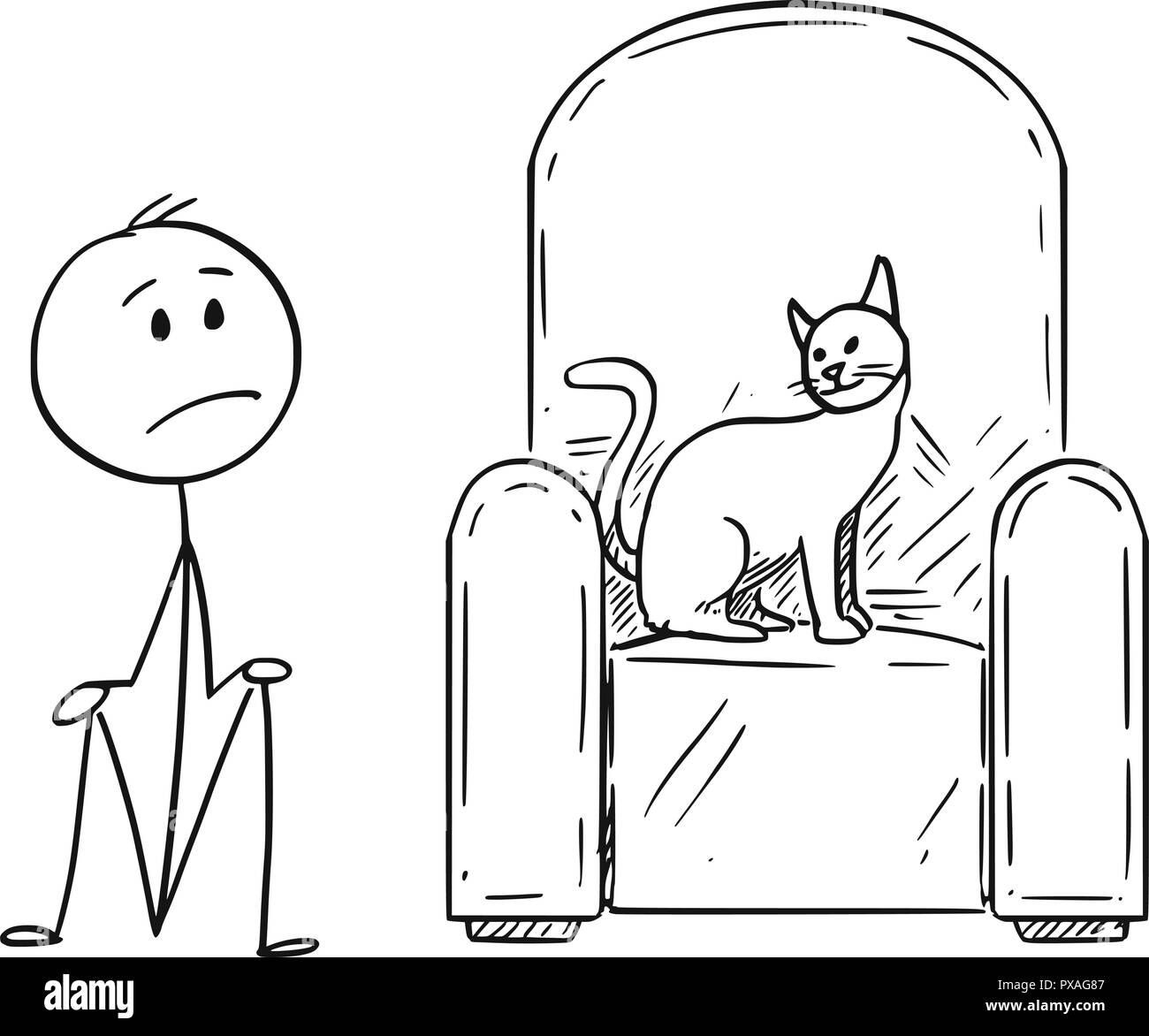 Cartoon di uomo seduto a terra perché è un gatto che occupa la poltrona Illustrazione Vettoriale