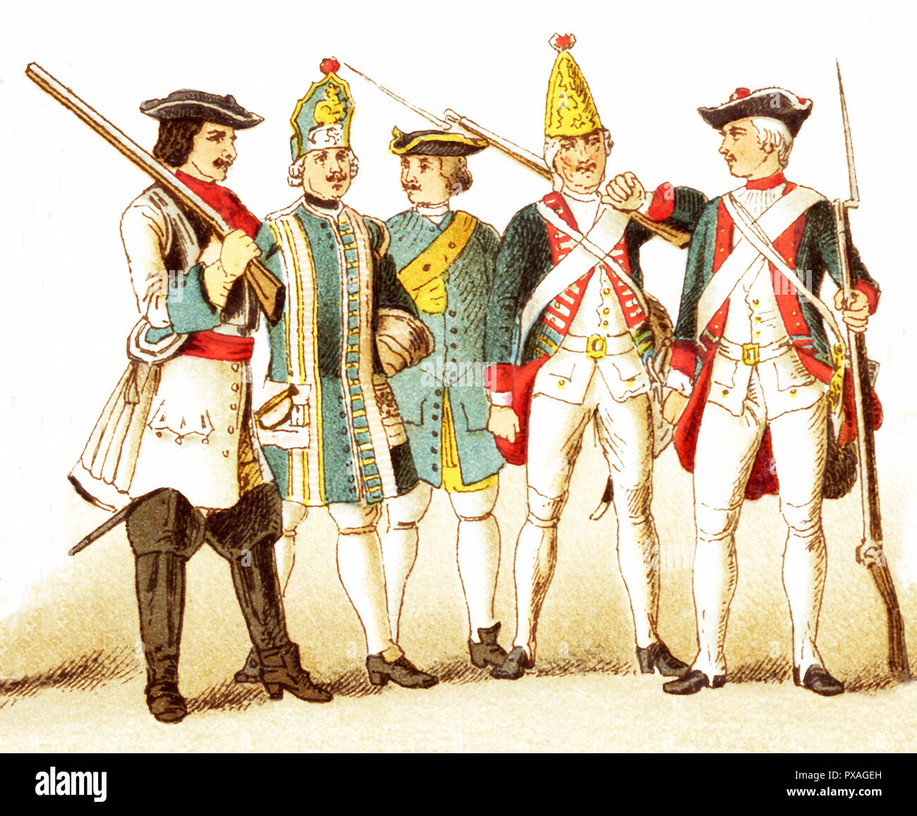 Le figure qui rappresentate sono tedeschi e prussiani e sono, da sinistra a destra: Brandenberg cuirassier nel 1700, prussiano musicista di fanteria in 1704, prussiano uomo di artiglieria nel 1708, un granatiere prussiano nel 1756, e una di fanteria prussiana nel 1741 l'illustrazione risale al 1882. Foto Stock