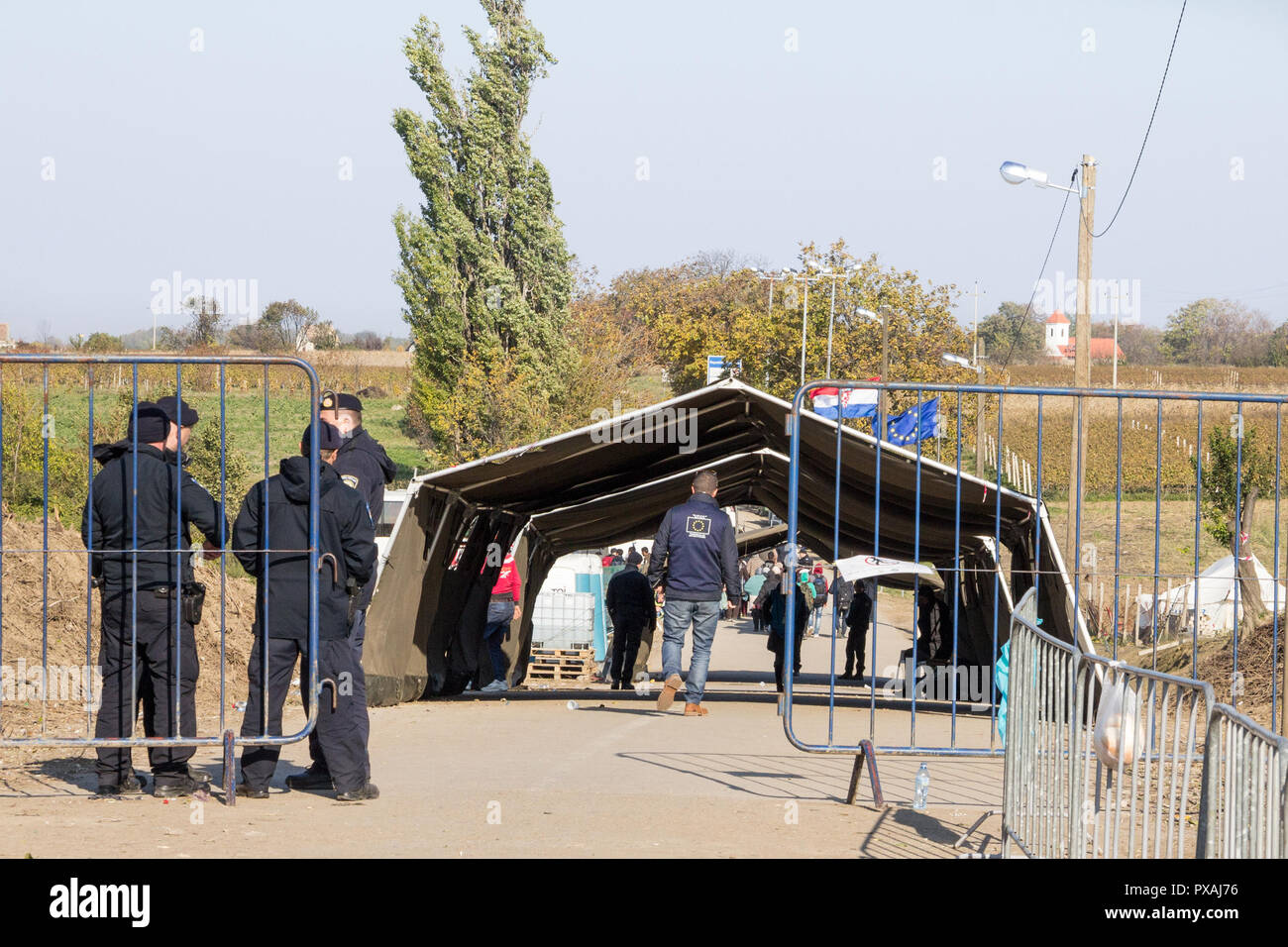 BERKASOVO, SERBIA - 31 ottobre 2015: Croato policeme dalla polizia di frontiera in attesa per i migranti in piedi su un recinto sulla Serbia Croazia o di confine Foto Stock