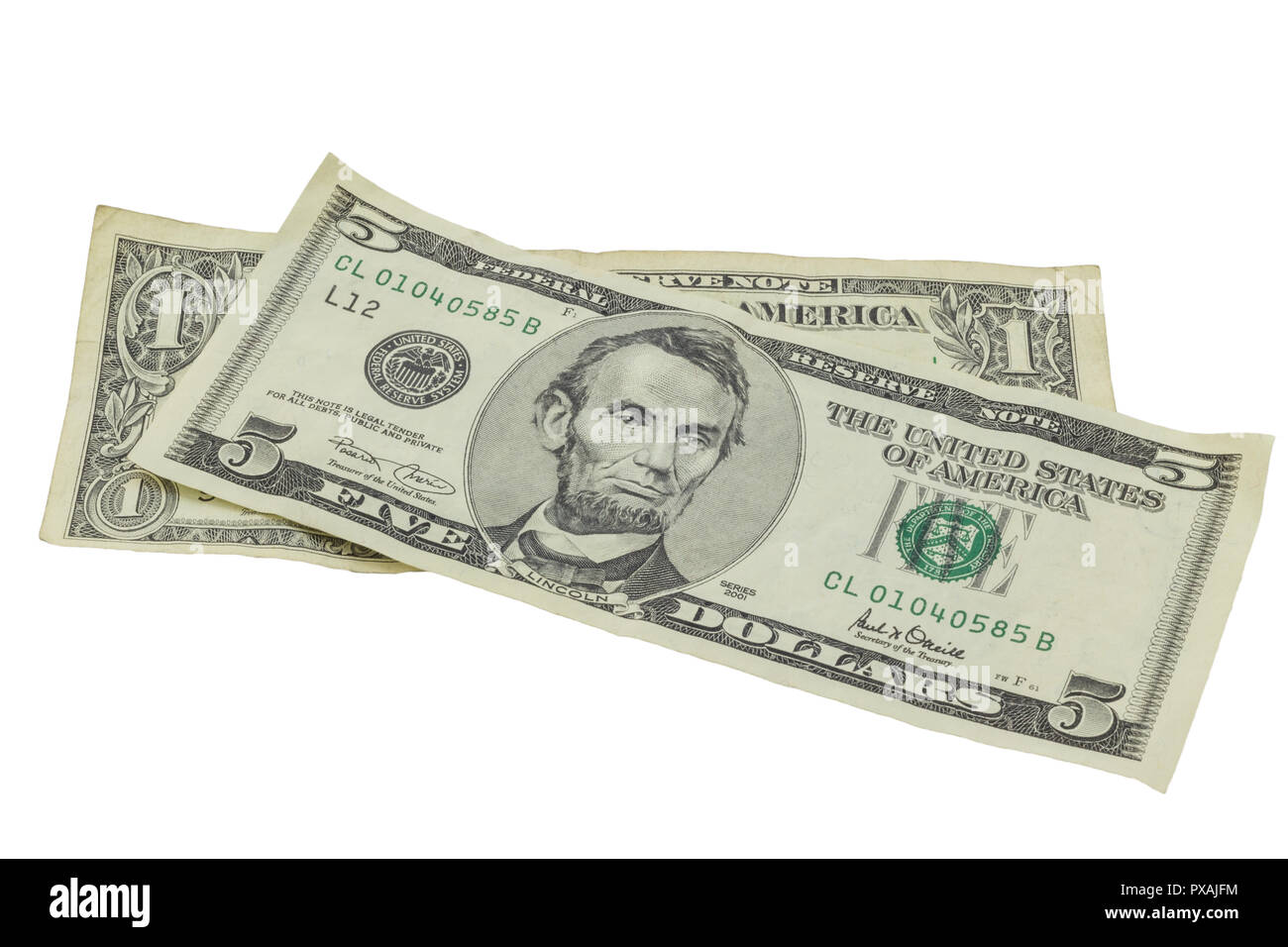 American Dollar Bills isolati su sfondo bianco - ben utilizzato uno e cinque fatture del dollaro Foto Stock