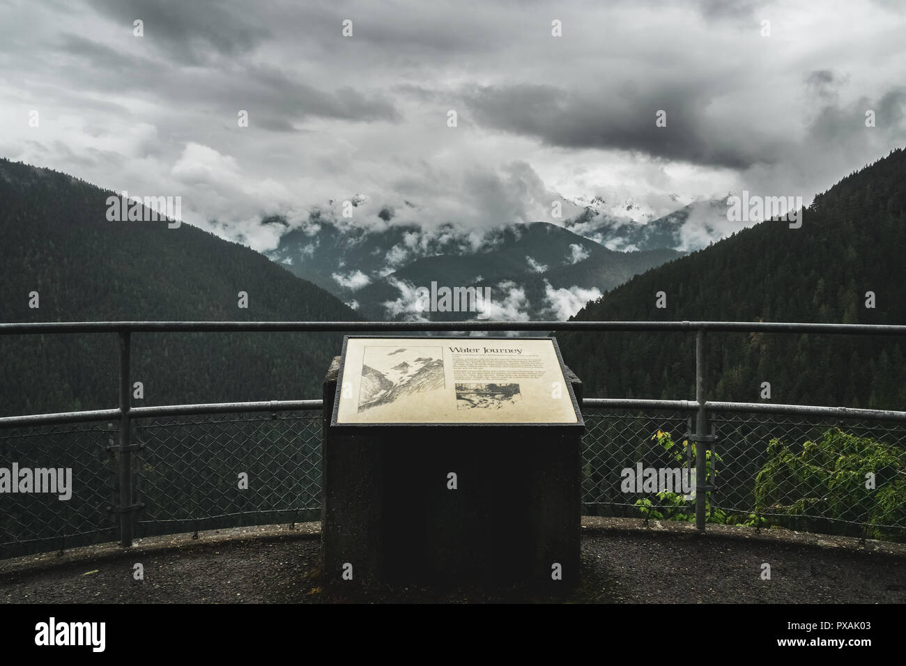 New Scenic 5 posti si affacciano sulle montagne olimpiche gamma sulla strada fino a Hurricane Ridge su una torbida e moody giorno, parco nazionale di Olympic, nello stato di Washington, USA Foto Stock