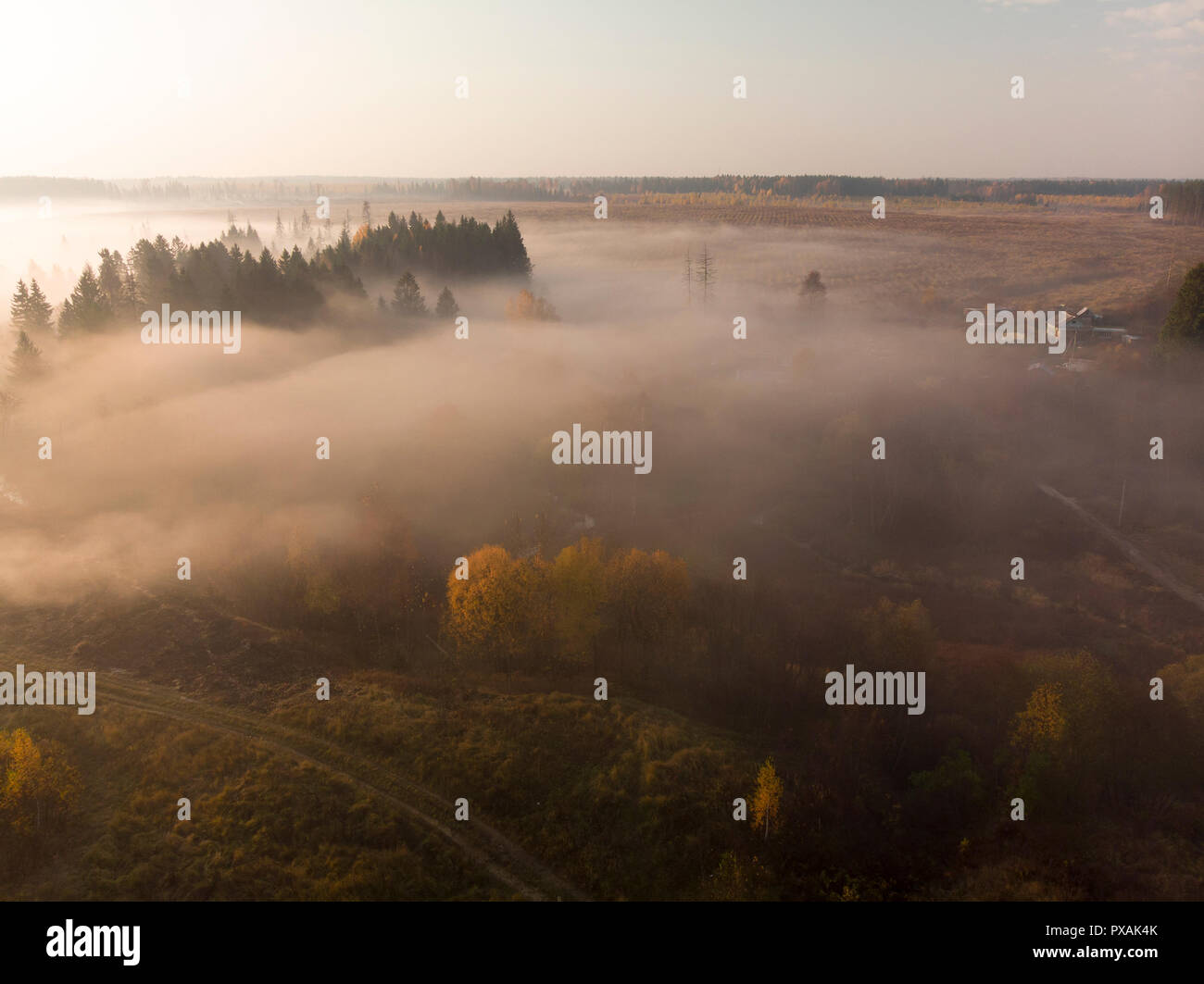 Vista superiore della campagna a inizio mattinata nebbiosa in Russia Foto Stock