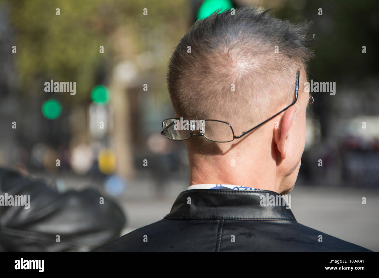 Close-up di un uomo che indossa gli occhiali appollaiato sul retro della sua testa Foto Stock