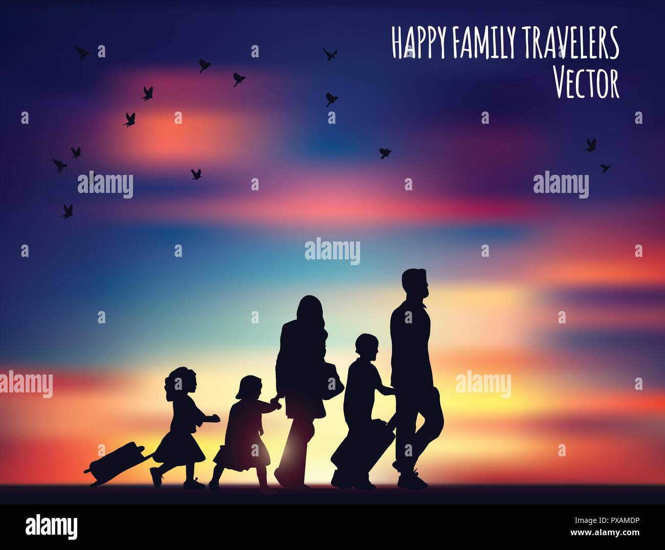 La famiglia felice i viaggiatori e il paesaggio. Colore illustrazione vettoriale. EPS8 Illustrazione Vettoriale