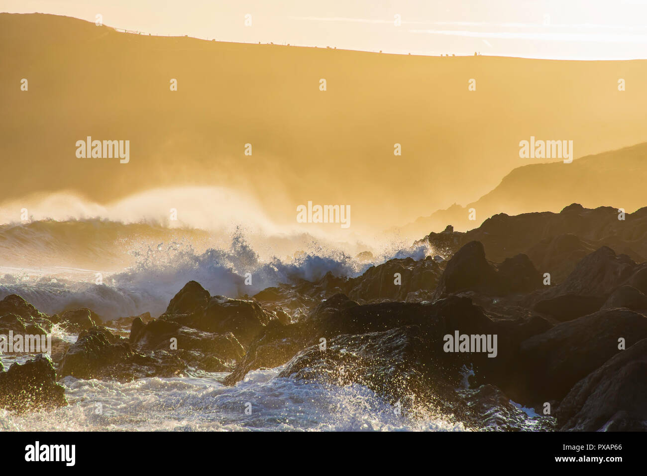 Golden Sunset over costa nel Galles del Sud, Regno Unito.gli spruzzi delle onde e la brezza della sera, scogliere e la nebbia in background.paesaggio panoramico Uk.Magic ora sulla spiaggia. Foto Stock
