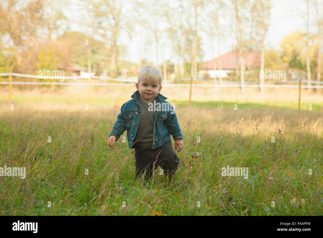 Bionda bianca 1 anno vecchio ragazzo in posa e guardando una telecamera sul campo aperto con erba colorata in autunno meteo. Meteo: soleggiato e asciutto. Foto Stock