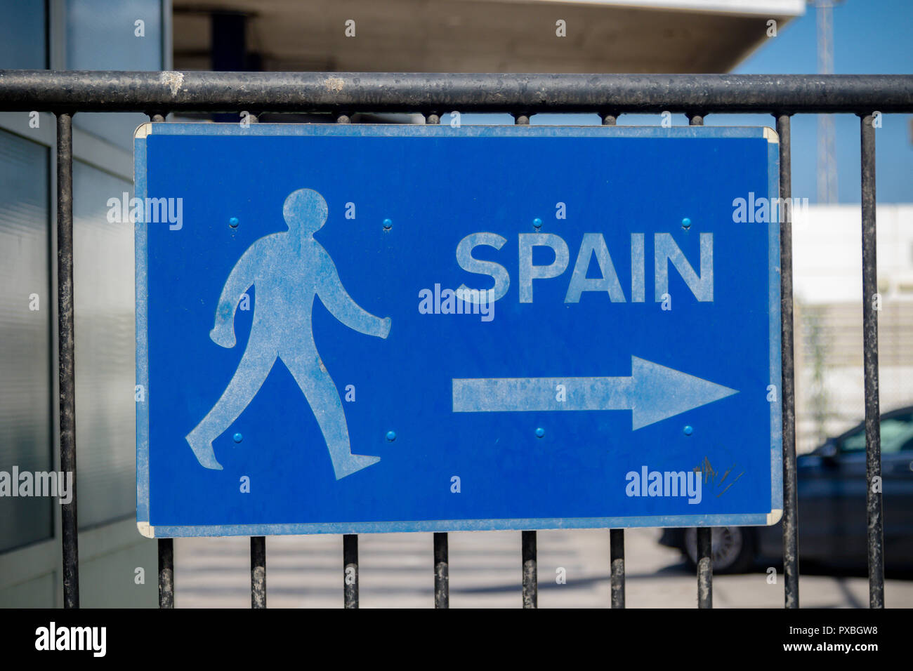 Segno rivolto alla Spagna al confine con Gibilterra a British Overseas territorio Foto Stock