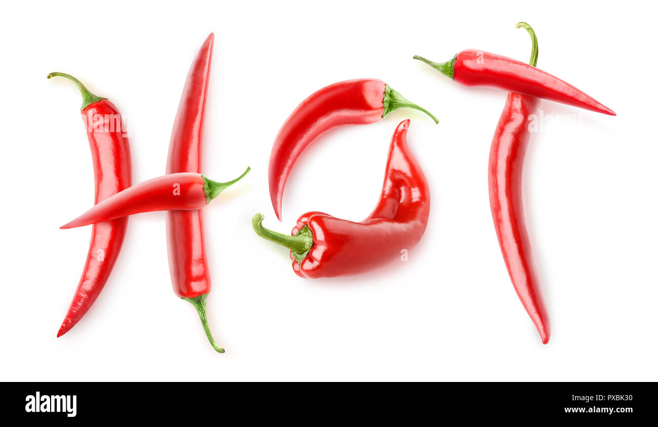 'Caldo' parola fatta con prodotti freschi peperoncino isolato su sfondo bianco con tracciato di ritaglio Foto Stock